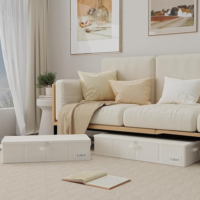 Yawinhe Underbed Bags, Storage Containers Bags with Lid, Foldable Blanket Bins, with Sturdy Zipper und Label Holders, for Clothing, 23.6''Lx11.8''Wx6''H, 1Pack,Beige，SNH002BES-1