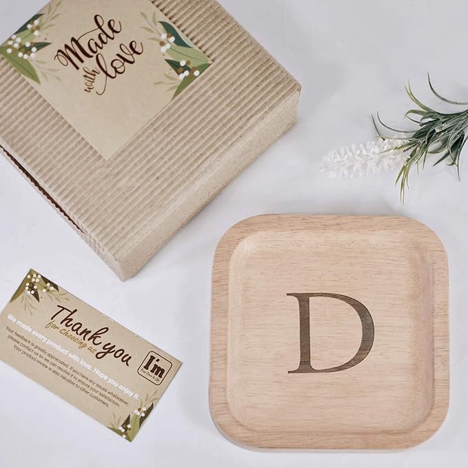 I'm Wooden Personalized Letter Catchall Valet Tray Trinket Dish Jewelry Tray Key Bowl Decorative Plate Organizing Ring Earrings Necklaces Bracelet Watch Coins Wallet Holder (6"x6" Sq Natural D)