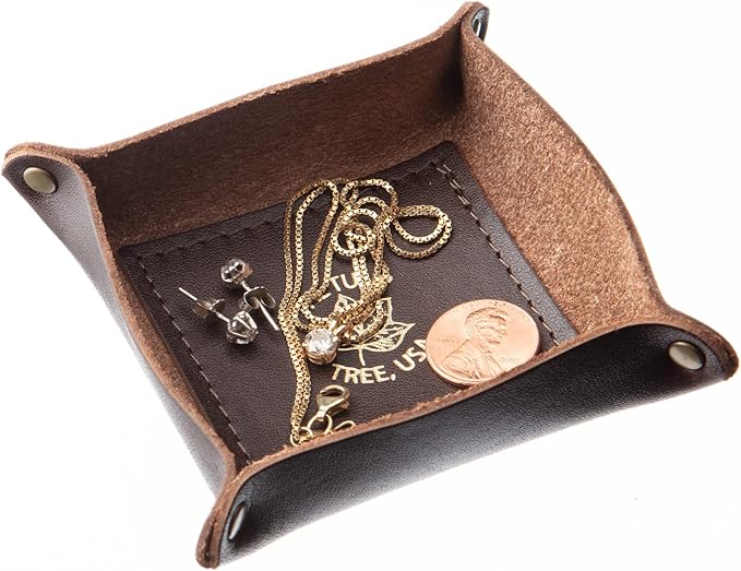 USA Handmade Premium Leather Valet Tray, Jewelry Organizer With Brass Rivets (Dark Walnut Brown, Mini)