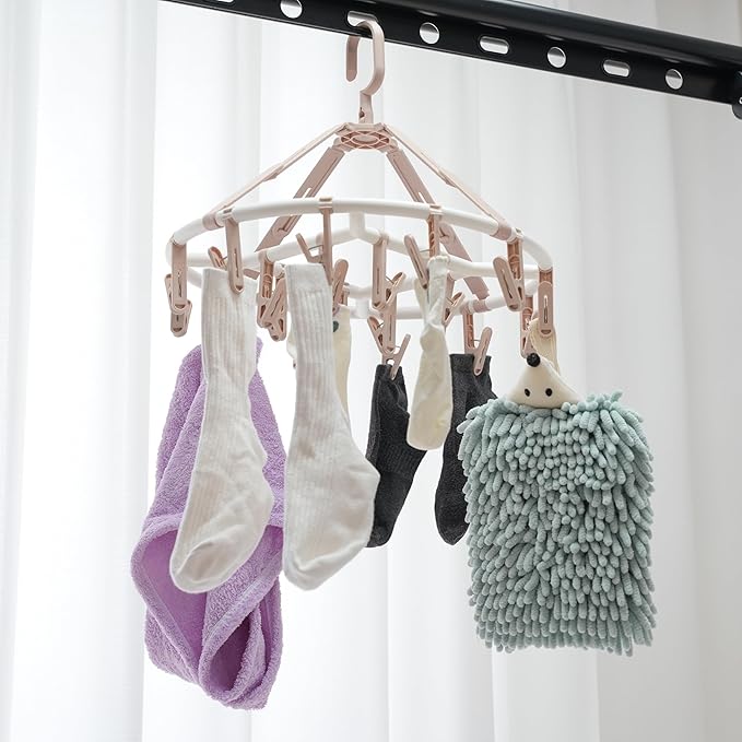 Clothes Drying Racks Foldable Clip Hangers Drip Hanger Plastic with 20 Drying Clips (Light Pink-Circle)