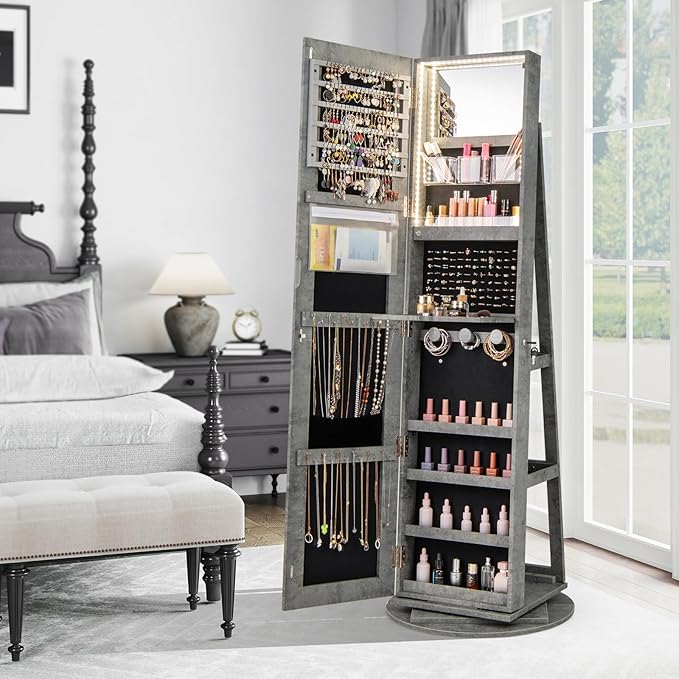 CHARMAID 360° Swivel Jewelry Armoire with Full Length Mirror, Rear Storage Shelves, Lockable Standing Jewelry Cabinet Organizer with Interior Vanity Mirror and 3-Color Lights (Stone Gray)