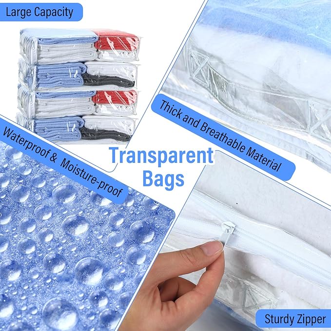Kenning Set of 20 Clear Zippered Storage Bags for Sheet Organizer Plastic Sweater Bags with Handle Pocket Vinyl Bag for Bed Blanket Throw Pillow Toys(White,18 x 15 x 4 Inch)
