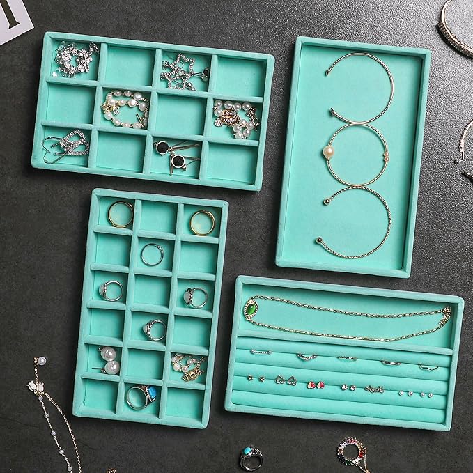Frebeauty Jewelry Organizer Tray,Stackable Velvet Jewelry Trays,Drawer Inserts Earring Organizer For Women Jewelry Storage Display Case for Rings Stud Necklaces,8.3 x 4.9 x 1 Inches (Turquoise)