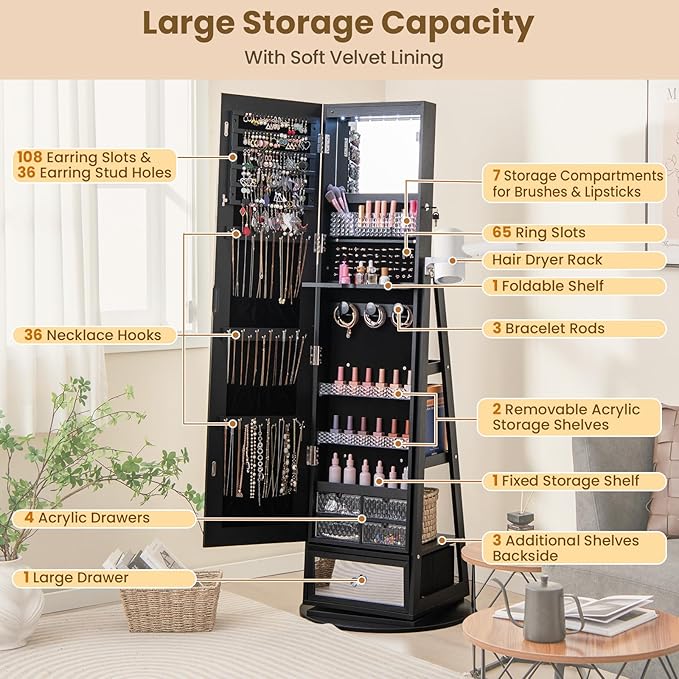 CHARMAID 360° Swivel Jewelry Cabinet Armoire 64.5" H, Full Length Mirror with Jewelry Storage, 6 LEDs Lockable Jewelry Organizer, Rear Storage Shelves, Large Drawer, Hairdryer Holder (Black)
