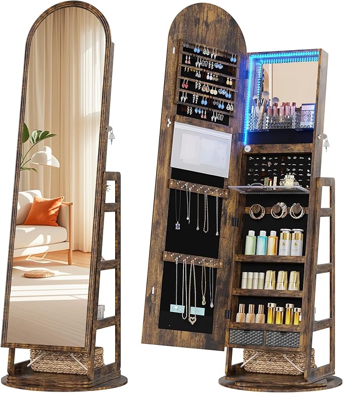 HWB LED Mirror Jewelry Cabinet, 360° Swivel Jewelry Organizer Standing, Arched Wide Full-Length Mirror with Storage Shelves, Interior Mirror, Wood Jewelry Armoire for Lady Girls, Brown