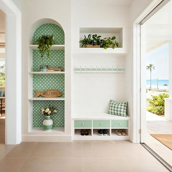 SKOLOO Coastal Wall Mounted Coat Rack - 38-1/8" Beach House Entryway Wooden Coat Hook with 10 Hooks for Hanging Coats, Hats or Towels, Oceanfront Cottage Core Collection, White & Green