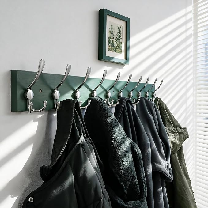 SKOLOO Creations Forest Green Solid Wood Wall Mounted Coat Rack, 10 Hooks, 38-1/8" Long - Kitchen, Mudroom, Entryway, Bathroom - Includes Mounting Hardware, Wall Coat Hanger, Towel Rack