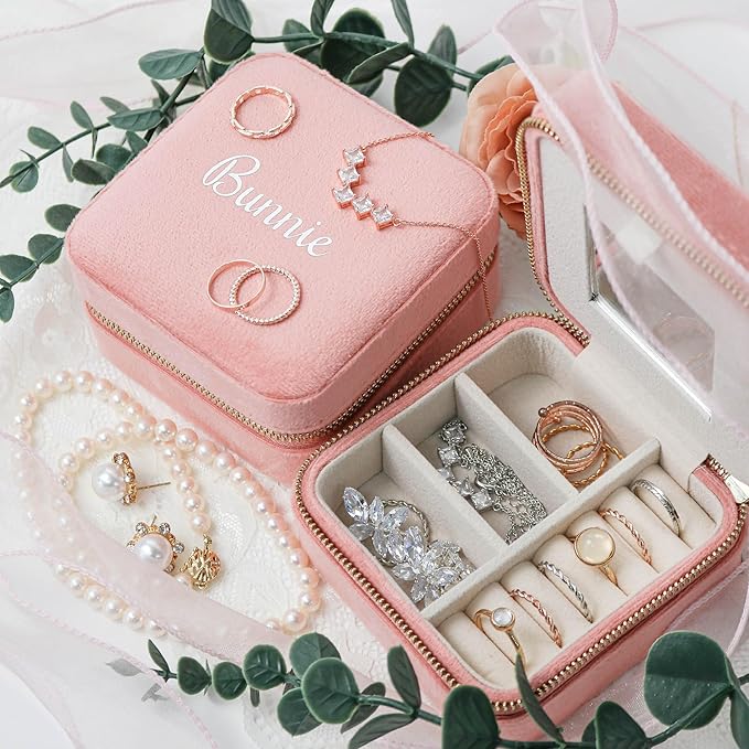 Customizable Compact Velvet Jewelry Box with Mirror, Travel Jewelry Case, Travel Jewelry Organizer, Jewelry Box for Women and Girls, Small Jewelry Organizer (Center Text, Coral Pink)