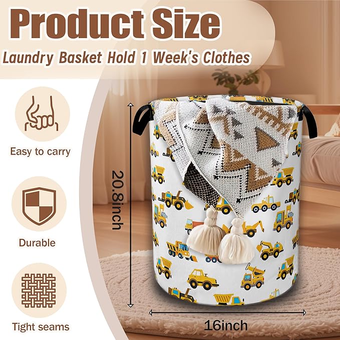 Construction Machines Laundry Hamper,Tractor Laundry Baskets,Waterproof Oxford Cloth Toy Storage for Bedroom,Bathroom,Nursery,16x20.8 Inch