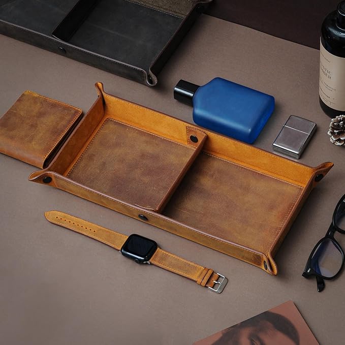 Handmade Leather Catch All Tray and Organizer for Keys, Phones, Jewels, Coins, Rectangular, Deep Brown
