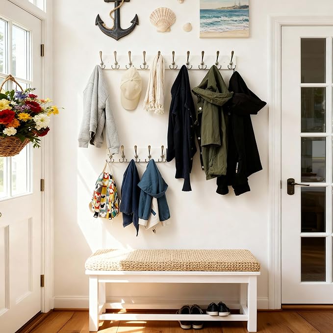 SKOLOO Creations White Solid Wood Wall Mounted Coat Rack, 5 Hooks, 16-7/8" Long - Kitchen, Mudroom, Entryway, Bathroom - Includes Mounting Hardware, Wall Coat Hanger, Towel Rack