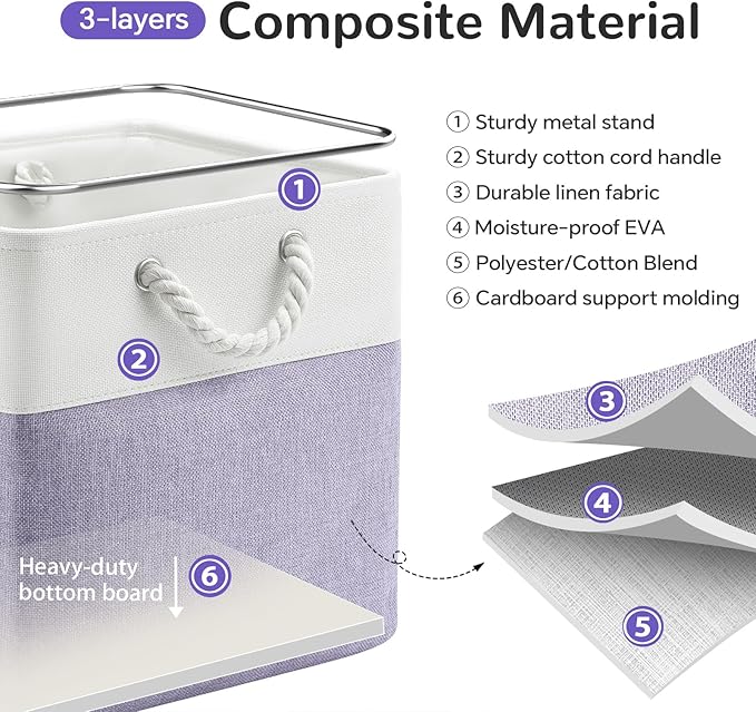 12 x 12 Inch Cube Storage Bins, 4 Pack Fabric Storage Basket with Handles, Foldable Boxes Organizer for Shelf Baskets for Home, Clothes (White/Purple)