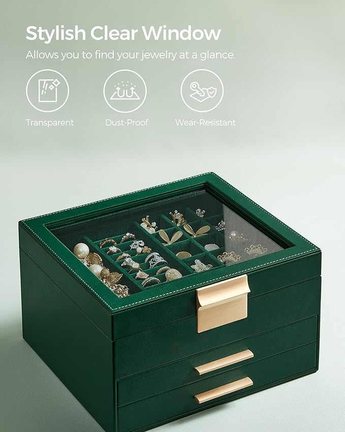 SONGMICS Jewelry Box Organizer with Glass Lid, 3-Layer Jewelry Storage, with 2 Drawers, Modern Style, 8 x 9.1 x 5.3 Inches, Forest Green and Gold Color UJBC239C01