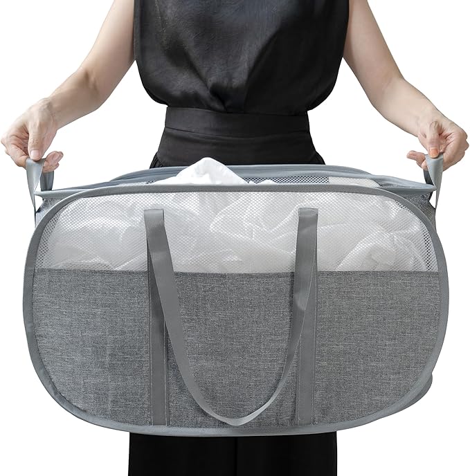 pop-up laundry basket，with Durable Handles collapsible Mesh laundry Hamper,Easy to Open and Fold,Premium Cationic Fabric… (Cationic Gray)……