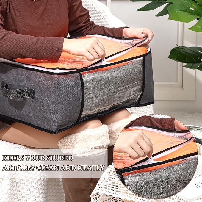 Sadnyy 6 Pcs Clear Storage Bags Zippered Plastic Clothes Containers Case Fabric Blanket Organizer Large Sweater Storage Bins with Handles for Cloth Bedding Sheets Closet Toys(16 x 12 x 8 Inch,Gray)
