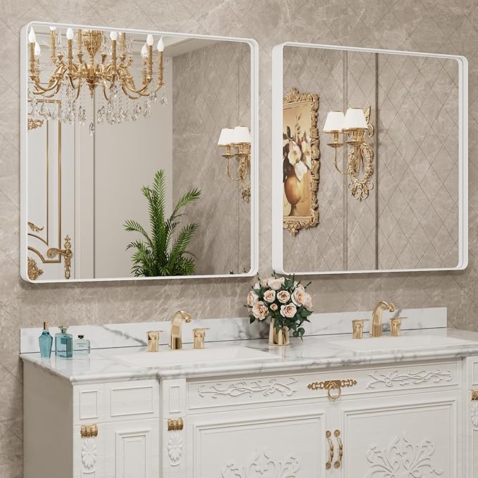 LOAAO 36x36 Inch White Metal Framed Bathroom Mirror for Wall, White Bathroom Vanity Mirror Farmhouse, Large Rounded Rectangle Mirror, Anti-Rust, Tempered Glass, Hangs Horizontally or Vertically