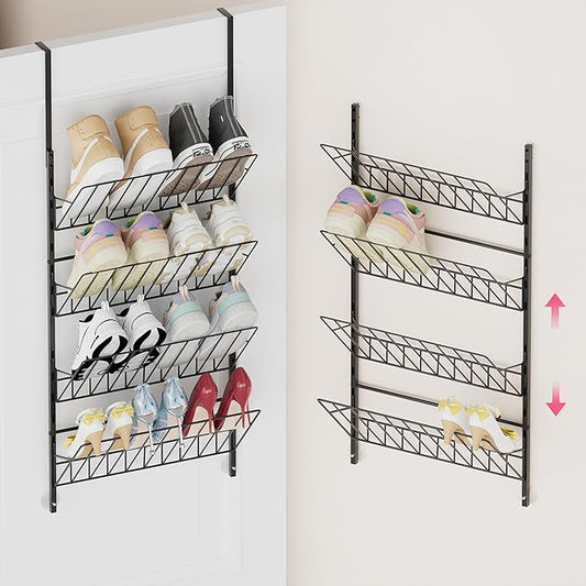 SWTYMIKI Over The Door Shoe Organizer - Adjustable 4 Tier Hanging Shoe Rack Organizer, Metal Heavy Duty Behind Door Storage or Wall Mount Shoes Shelf for Flats, Heels, Sneakers, Boots