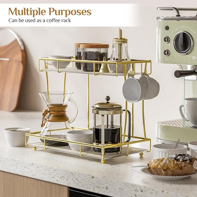 Bathroom Organizer Countertop Perfume Organizer Makeup Organizer Cosmetics Storage Display Rack Vanity Tray Dresser Steel Gold Shelf Transparency Wavy Acrylic Tray (2 Tier Golden)