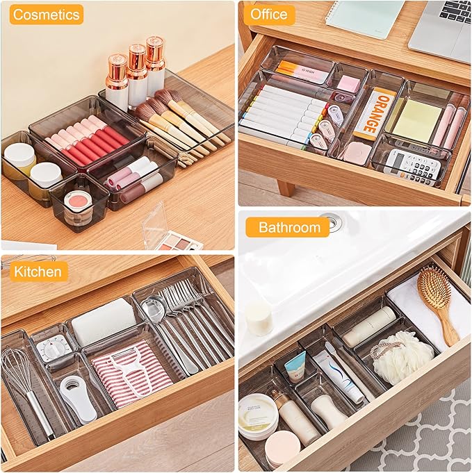 SMARTAKE 13-Piece Drawer Organizers with Non-Slip Silicone Pads, 5-Size Desk Drawer Organizer Trays Storage Tray for Makeup, Jewelries, Utensils in Bedroom Dresser, Office and Kitchen, Light Black
