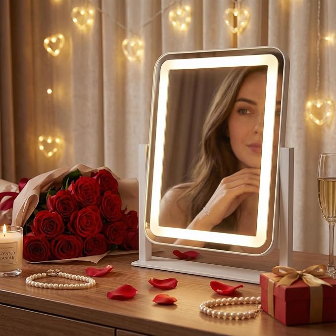 HNV Vanity Mirror with Lights – 15"x13" Large Makeup Mirror with Light, 3-Color Dimmable LED, Touch Screen, 360° Rotation, Tabletop Vanity Mirror for Bedroom or Desk (White)