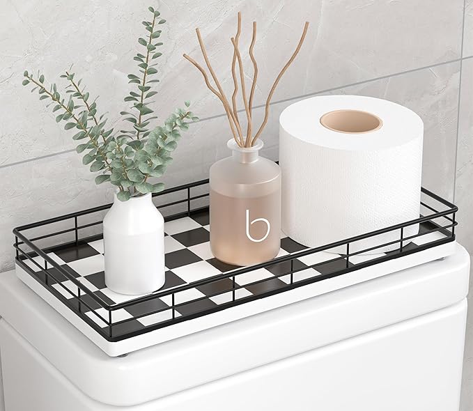 Toilet Tank Tray Organizer – Oak Wood Bathroom Counter Basket with Metal Frame, Back of Toilet or Tank Top Paper Holder Storage – Black & White Modern Decor