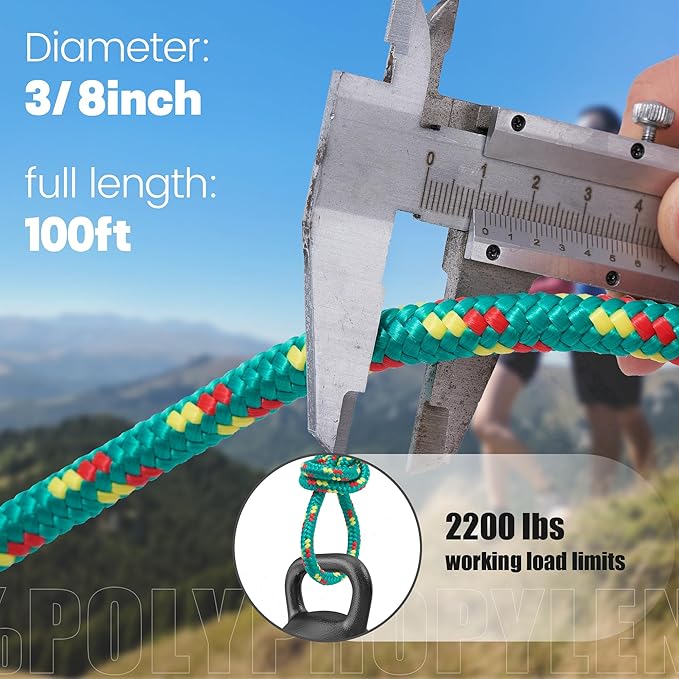 3/8 Inch 100 ft Diamond Braided Polypropylene Rope, All Purpose Thick Boat Marine Ropes for Camping and Flag Pole, Indoor and Outdoor Use, Green