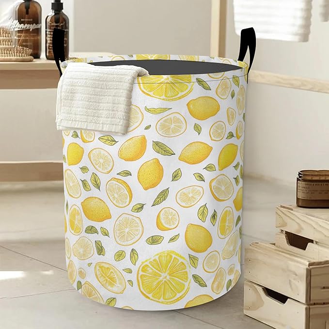 Yellow Lemon Laundry Hamper Large Canvas Fabric Lightweight Storage Basket/Dirty Clothes Collapsible Waterproof for College Dorms, Boys and Girls Bedroom,Bathroom