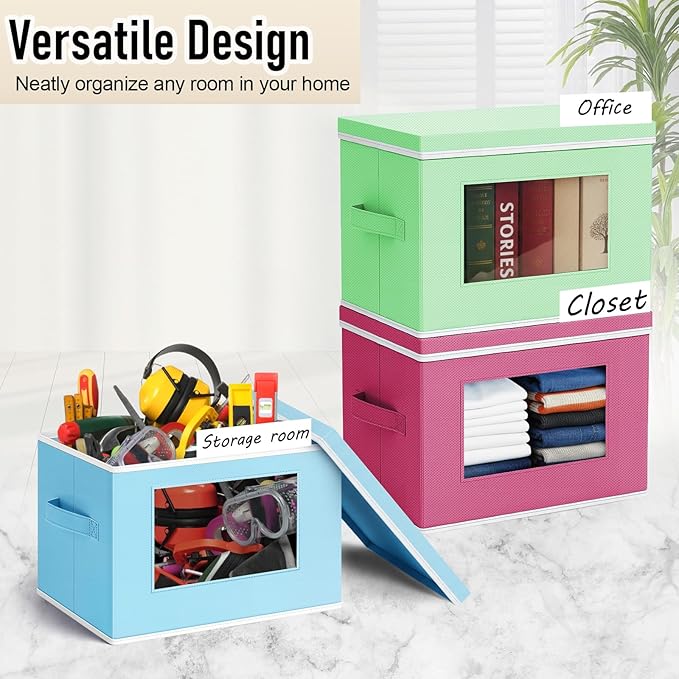 10 Pcs Fabric Storage Bins with Lid 14x10 Inch Stuffed Animal Storage Boxes with Window Handle Collapsible Cube Organizer Basket for Shelves Closet Bedroom Office Clothes Books (Pastel)