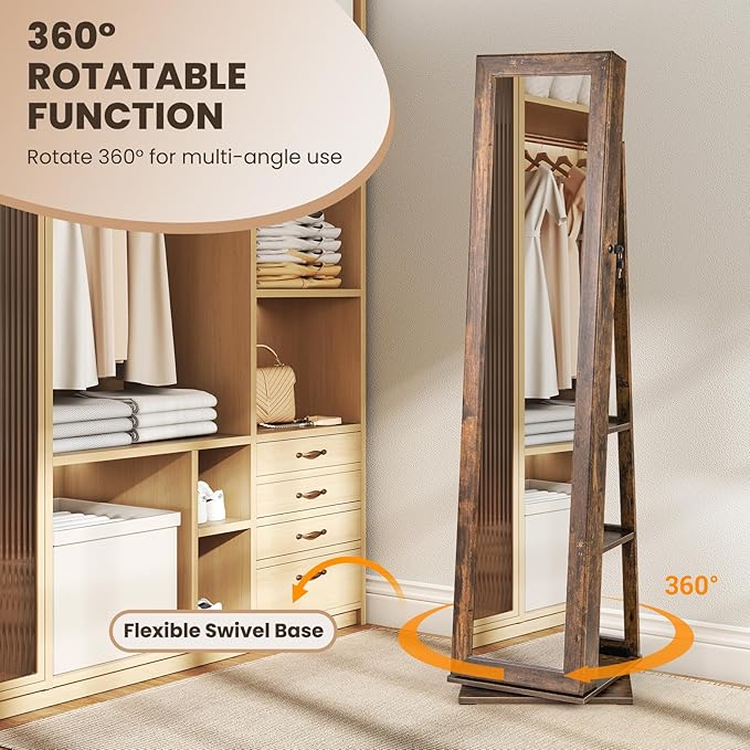 CHARMAID 3-in-1 Jewelry Armoire with Full Length Mirror, 360° Swivel Lockable Jewelry Cabinet with Shelves, Freestanding Mirror Organizer for Earrings, Necklaces, Rings, Makeup (Vintage Brown)