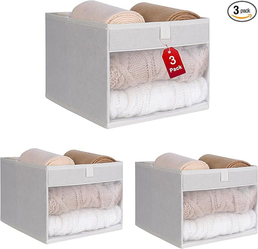 WUIKE 3 Pack Medium Storage Bins with Clear Window, Fabric Storage Bins for Home and Closet Organization, Beige