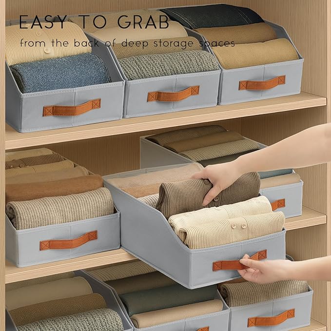 Fabric Storage Bins for Organizing - 12 Pack Large Trapezoid Collapsible Storage Bins with Front Handle, Closet Organizers and Storage for Bedroom, Home Shelves, Small Spaces, Grey