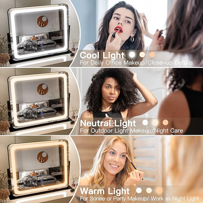 FENNIO Vanity Mirror with Lights 22"x17",LED Lighted Makeup Mirror,Large Makeup Mirror with Lights,Touch Screen with 3-Color Lighting,Led Mirror Makeup,Dimmable,for Vanity Desk Tabletop,Bedroom
