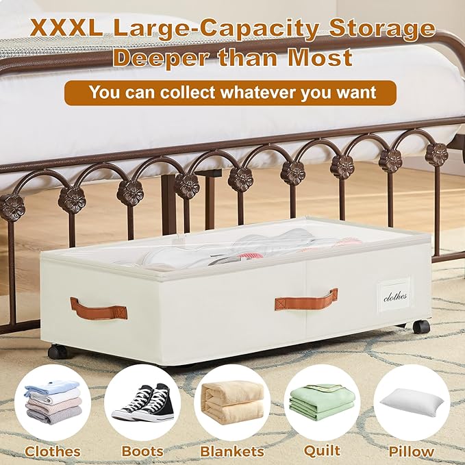 Under Bed Storage Containers with Wheels 9.5 inches Higher Under Bed Storage XXXL Underbed Shoes Blankets Clothes Storage Organizer 2 Pack Under the Bed Storage for College Dorms Bedroom Nursery Rooms