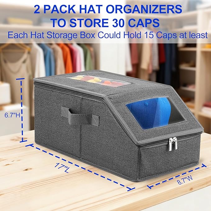 Hat Organizer for Baseball Caps,2PCS Stackable Hat Storage Box with Clear Window Lid, Space-Saving Box for Closet