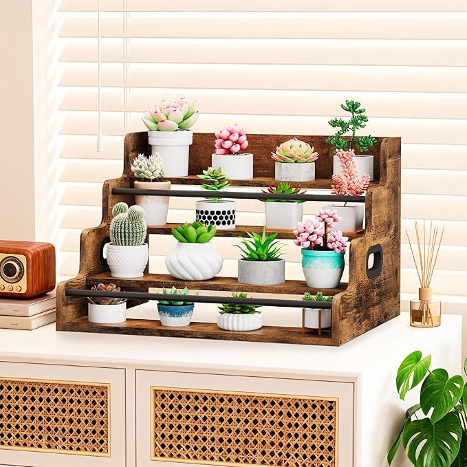 19.6”W x 15.74" D x 12.5" H Inches Versatile 4-Step Coffee Syrup & Water Bottle Organizer Rack Multi-Functional Retro Display Shelf for Kitchen or Bar, Holds Liquor & Spirits, Wooden
