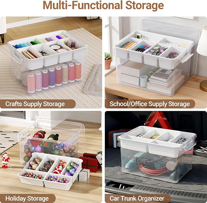 40Qt Large Stackable Storage Bin with Lid & Tray, Clear Plastic Latching Box Organizer with Divider Portable 10Gal Container for Arts & Crafts, Home and Car Trunk Organization, 1Pack