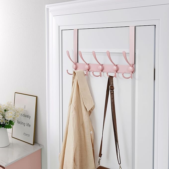 Dseap Over The Door Hook Hanger - Fits 1 3/8" to 1 3/4" Standard Doors | 5 Tri Hooks Heavy Duty Towel/Coat Rack | Door Organizer for Clothes, Jackets, Hats, Towels, Pink, Pack of 2