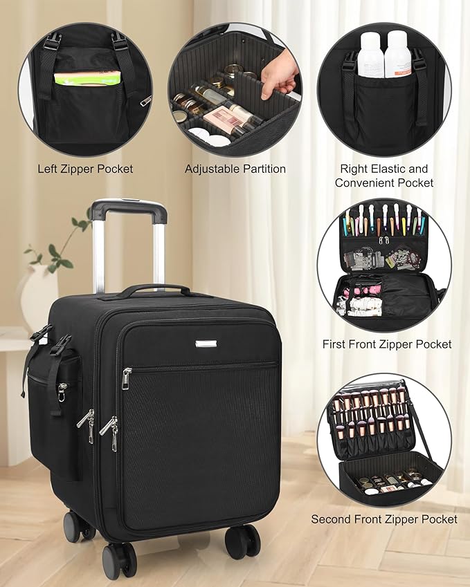 Relavel Rolling Makeup Case Professional Makeup Train Case, Makeup Artist Travel Bag with Wheels, 3-in-1 Portable Travel Beauty Trolley Case for Cosmetology Storage (Black)