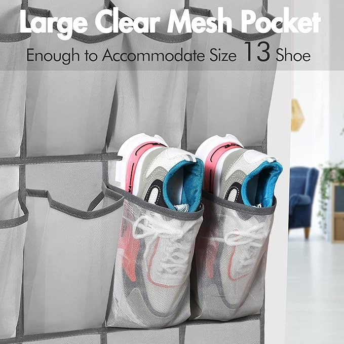 2 Pack Over The Door Shoes Organizers, Behind Door Shoes Hang Holder Rack with 48 Mesh Large Pockets, Clear Fabric Shoes Hanger Storage Organizer Bag for Bedroom,Pantry,Dorm,Gray