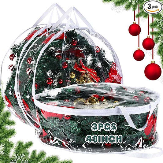 Zhengmy 3 Pcs 48 Inch Christmas Clear Wreath Storage Bags Xmas Wreath Storage Container Bags with Dual Zippers and Handles for Holiday Garland