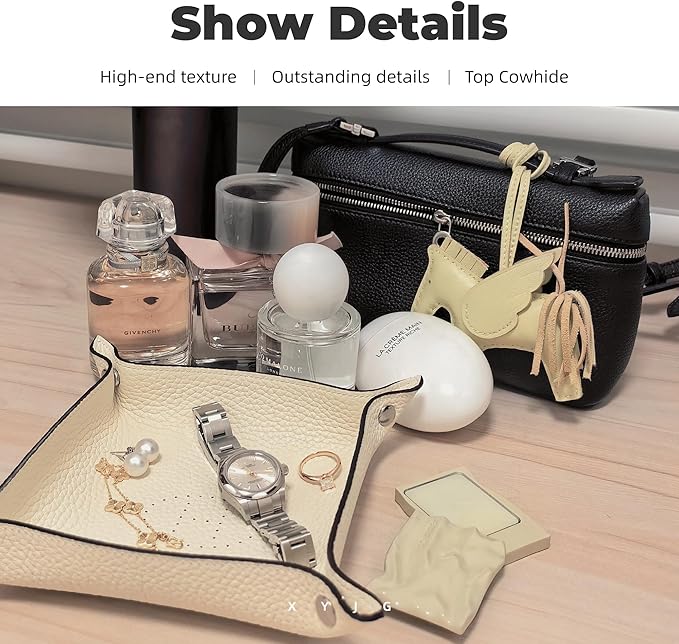 Genuine Cowhide Leather Desktop Storage Organizer - Bedside Vanity Tray with Phone, Wallet, Coin, Jewelry Holder