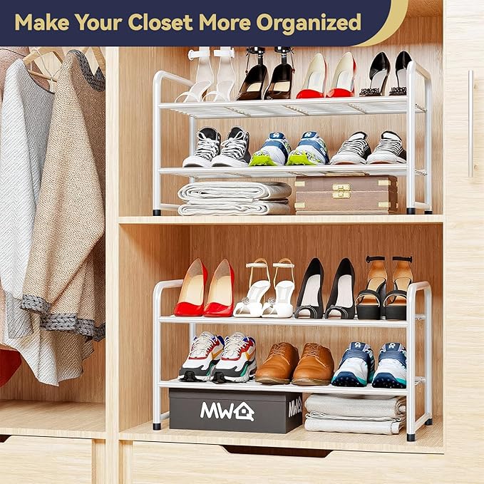 2 Tier Shoe Rack Organizer for Closet, Stackble,White