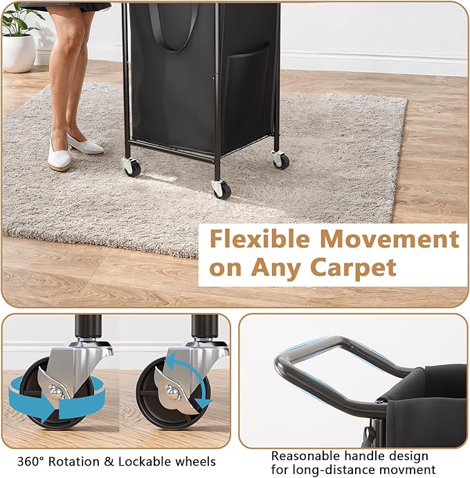 110L Laundry Basket with Wheels, Rolling Laundry Hamper with Metal Frame and Removable Bag, Dirty Clothes Hampers for Bedroom, Bathroom, Dorm Room, Black