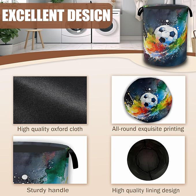Abstract Soccer Laundry Basket,Waterproof Foldable Watercolor Ball Laundry Hamper,Dirty Clothes Basket, Linen Bin Storage Organizer Collection 16" x 20.8"