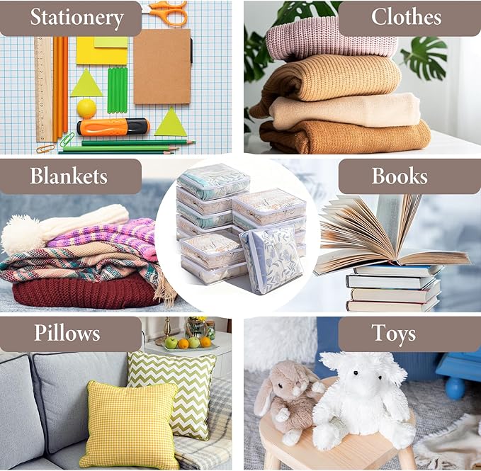 12 Pcs Clear Clothing Organizer Plastic Sweater Storage Bags Zippered Storage Bags with Label Pocket Container for Blankets Linen Sweater Clothes Bed Sheet Pillow (15.7 x 13.8 x 3.9 Inch)