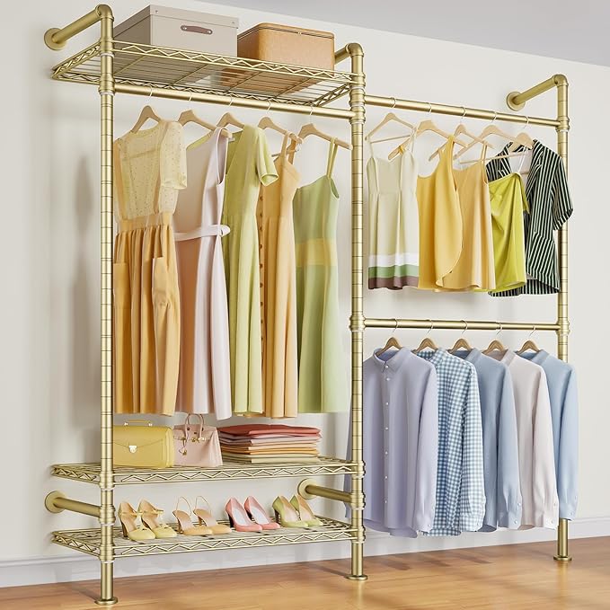 Timate F2 Industrial Pipe Clothes Rack Wall Mounted Clothing Rack for Hanging Clothes, Expandable Garment Rack Heavy Duty Wardrobe Closet Organizer and Storage, Adjustable Industrial Closet Kit, Gold