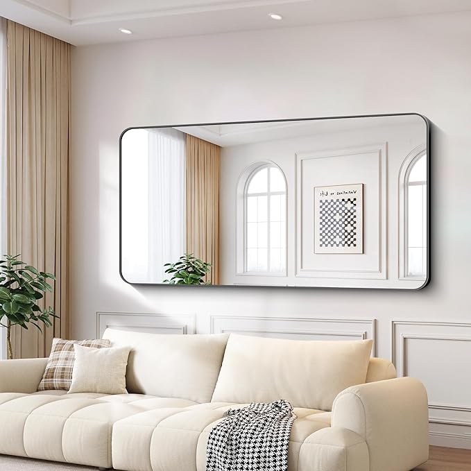 FORBATH Large Bathroom Mirror 72x36 Inches, Black Oversized Wall Mirror for 2 Sinks Aluminum Frame Full Length Rounded Corner Morndern Mirror for Bathroom Bedroom Entryway Living Room