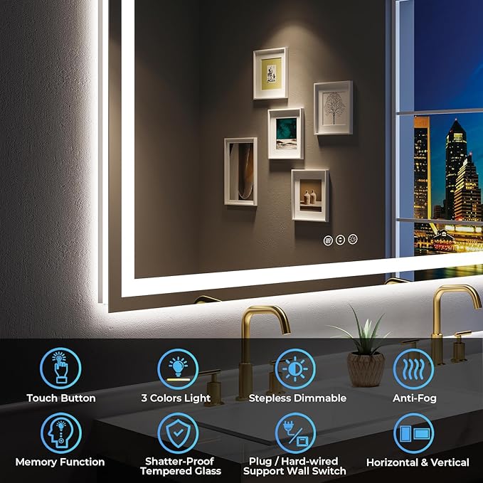 60x36 Inch LED Bathroom Mirror with Lights Front and Backlit Lighted Vanity Mirror for Bathroom Wall with 3 Colors Dimmable Anti-Fog Memory Shatter-Proof IP54 Waterproof Horizontal/Vertical