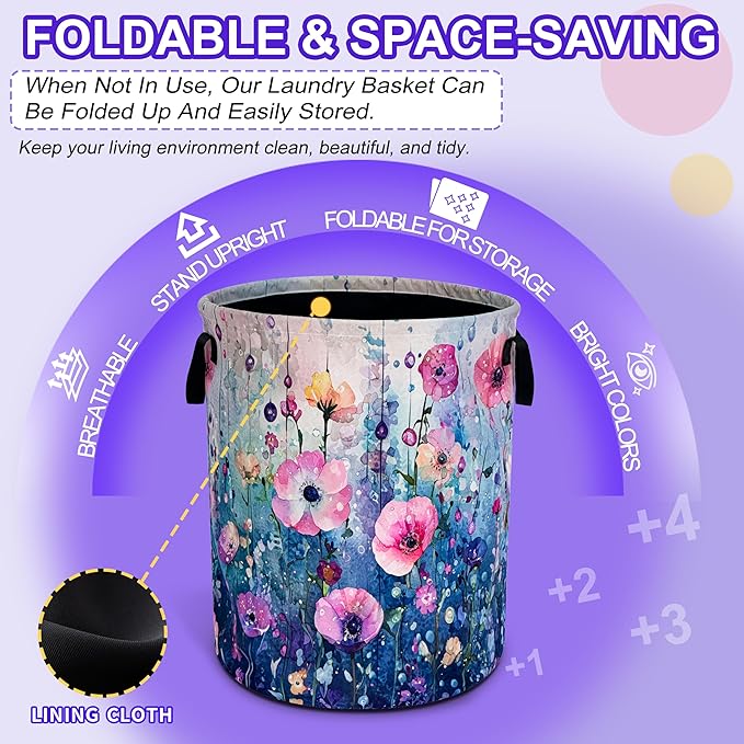 Colorful Flowers Laundry Basket Floral Art Oxford Cloth Laundry Hamper Funny With Handle Foldable Portable Clothes Storage Basket 18.9 X 16.5 Storage Bag For Laundry Room/Bathroom/Bedroom/Dormitories