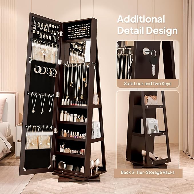 Bonnlo 360° Swivel Jewelry Mirror Cabinet with Inside Makeup Mirror,Full Length Mirror with Jewelry Storage, Lockable Standing Jewelry Armoire Organizer, Espejo Oon Almacenamiento for Bedroom,Brown